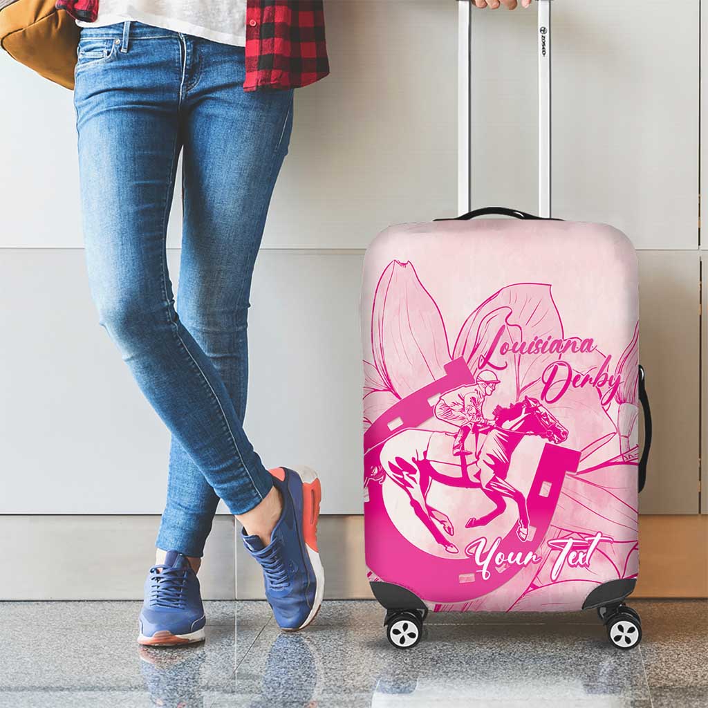 Personalized Louisiana Horse Racing Derby Luggage Cover Magnolia Blossom Horseshoe Pastel Pink