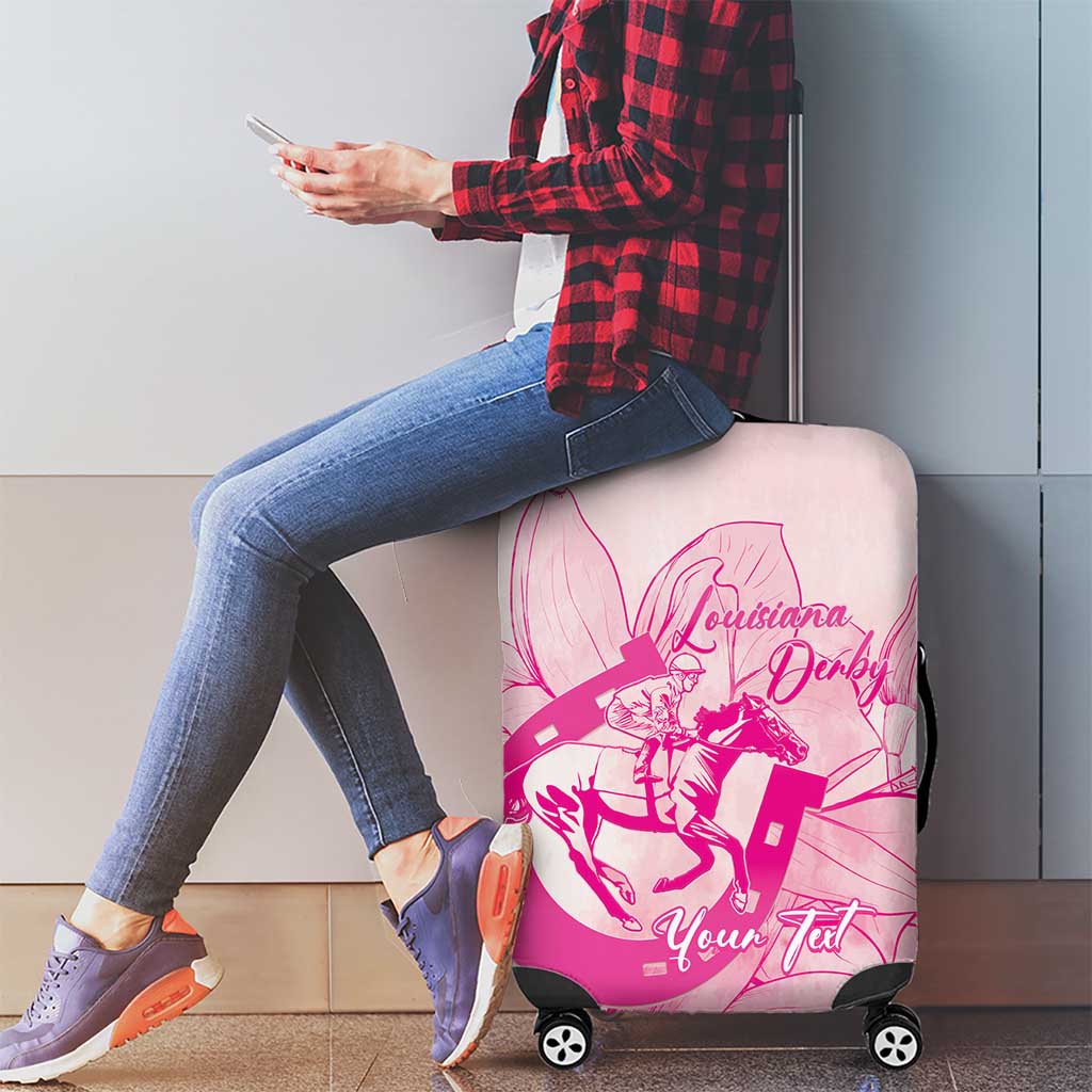 Personalized Louisiana Horse Racing Derby Luggage Cover Magnolia Blossom Horseshoe Pastel Pink