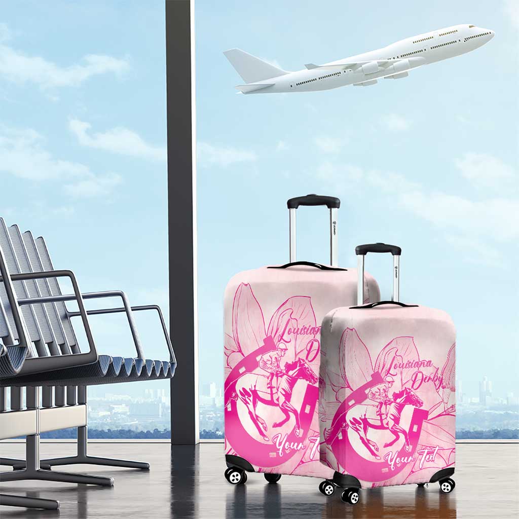 Personalized Louisiana Horse Racing Derby Luggage Cover Magnolia Blossom Horseshoe Pastel Pink