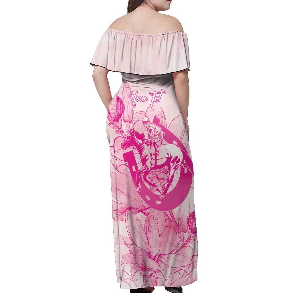 Personalized Louisiana Horse Racing Derby Off Shoulder Maxi Dress Magnolia Blossom Horseshoe Pastel Pink