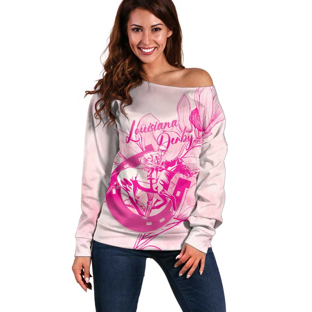 Personalized Louisiana Horse Racing Derby Off Shoulder Sweater Magnolia Blossom Horseshoe Pastel Pink