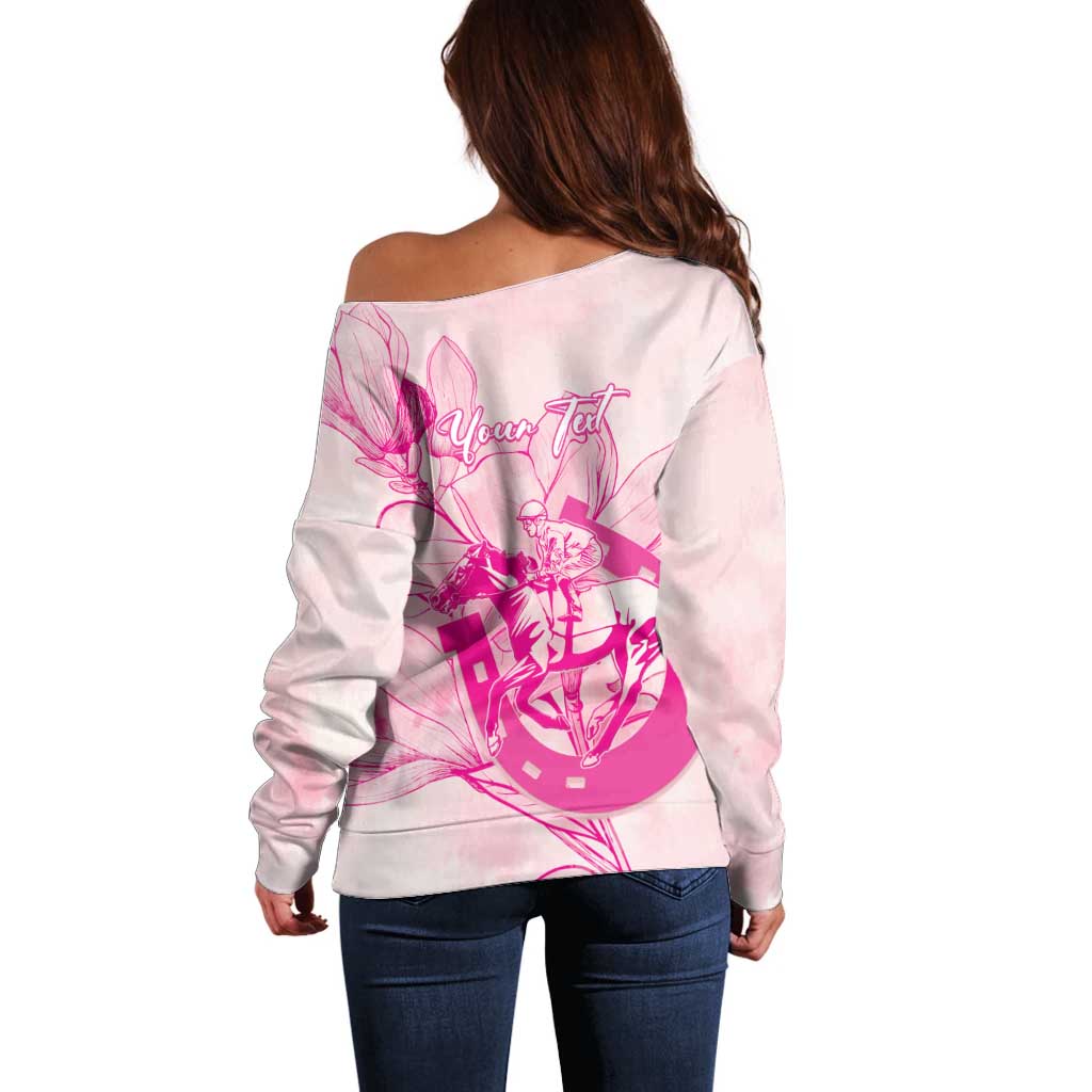 Personalized Louisiana Horse Racing Derby Off Shoulder Sweater Magnolia Blossom Horseshoe Pastel Pink
