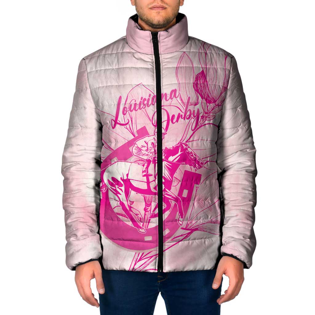 Personalized Louisiana Horse Racing Derby Padded Jacket Magnolia Blossom Horseshoe Pastel Pink