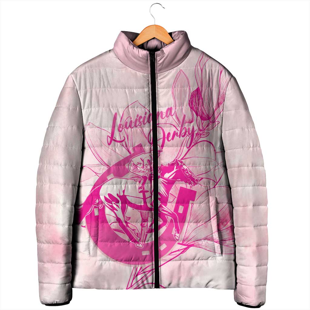 Personalized Louisiana Horse Racing Derby Padded Jacket Magnolia Blossom Horseshoe Pastel Pink