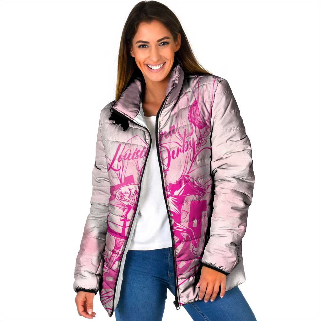 Personalized Louisiana Horse Racing Derby Padded Jacket Magnolia Blossom Horseshoe Pastel Pink
