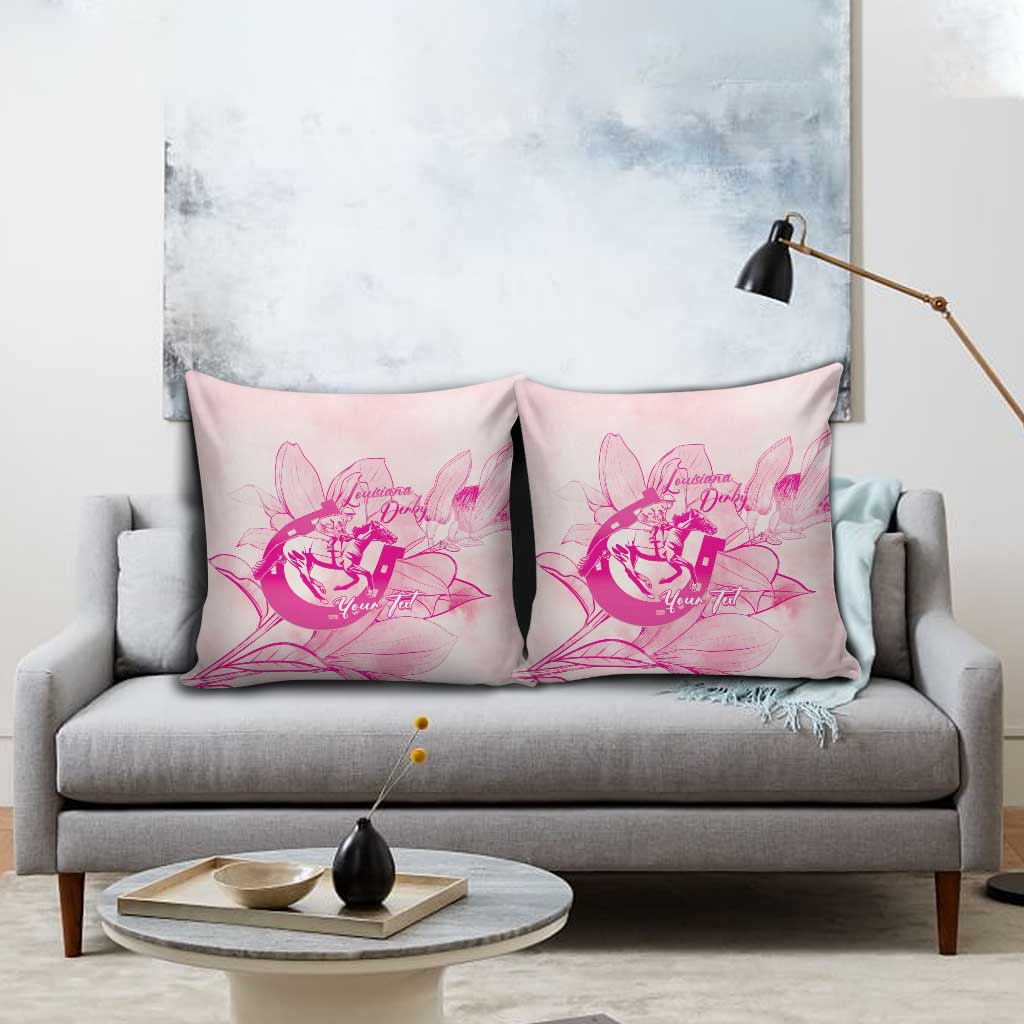 Personalized Louisiana Horse Racing Derby Pillow Cover Magnolia Blossom Horseshoe Pastel Pink