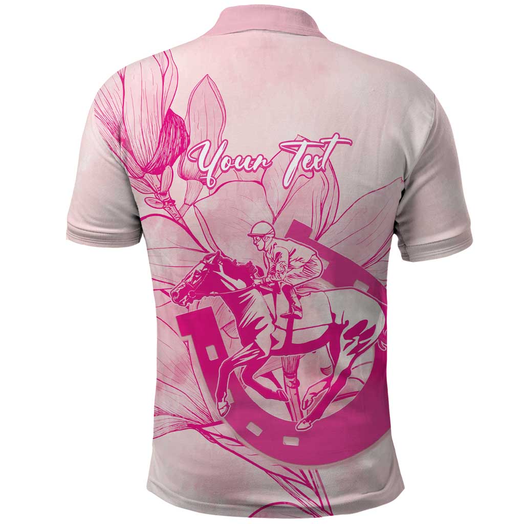 Personalized Louisiana Horse Racing Derby Polo Shirt Magnolia Blossom Horseshoe Pastel Pink