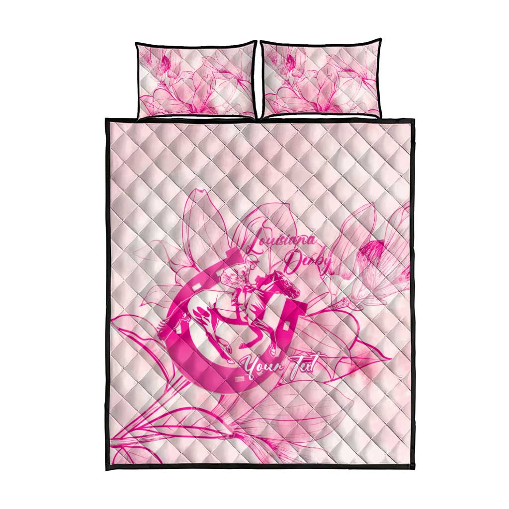 Personalized Louisiana Horse Racing Derby Quilt Bed Set Magnolia Blossom Horseshoe Pastel Pink