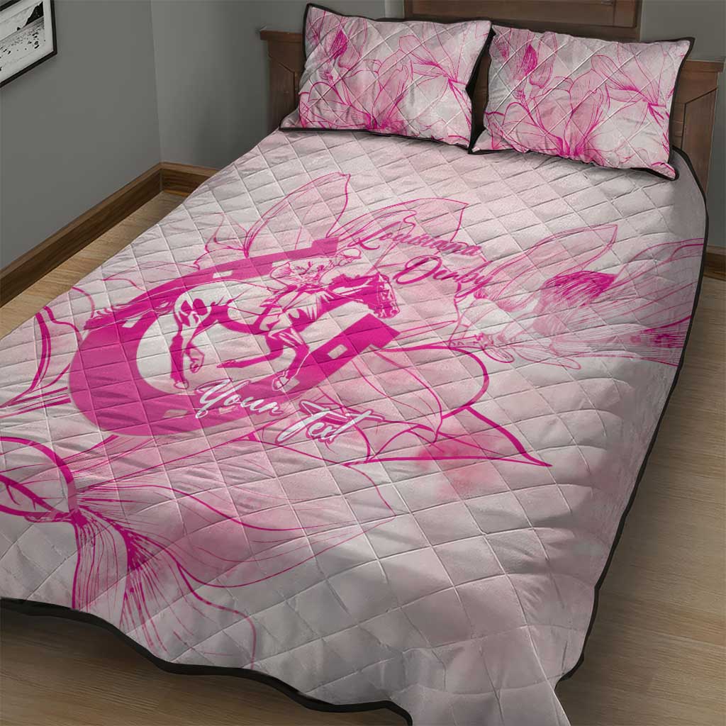 Personalized Louisiana Horse Racing Derby Quilt Bed Set Magnolia Blossom Horseshoe Pastel Pink