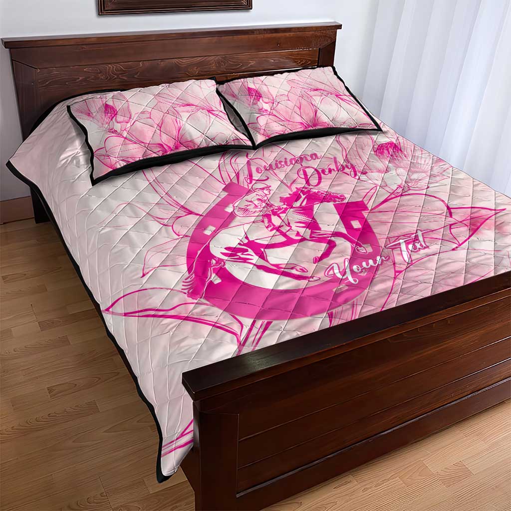 Personalized Louisiana Horse Racing Derby Quilt Bed Set Magnolia Blossom Horseshoe Pastel Pink