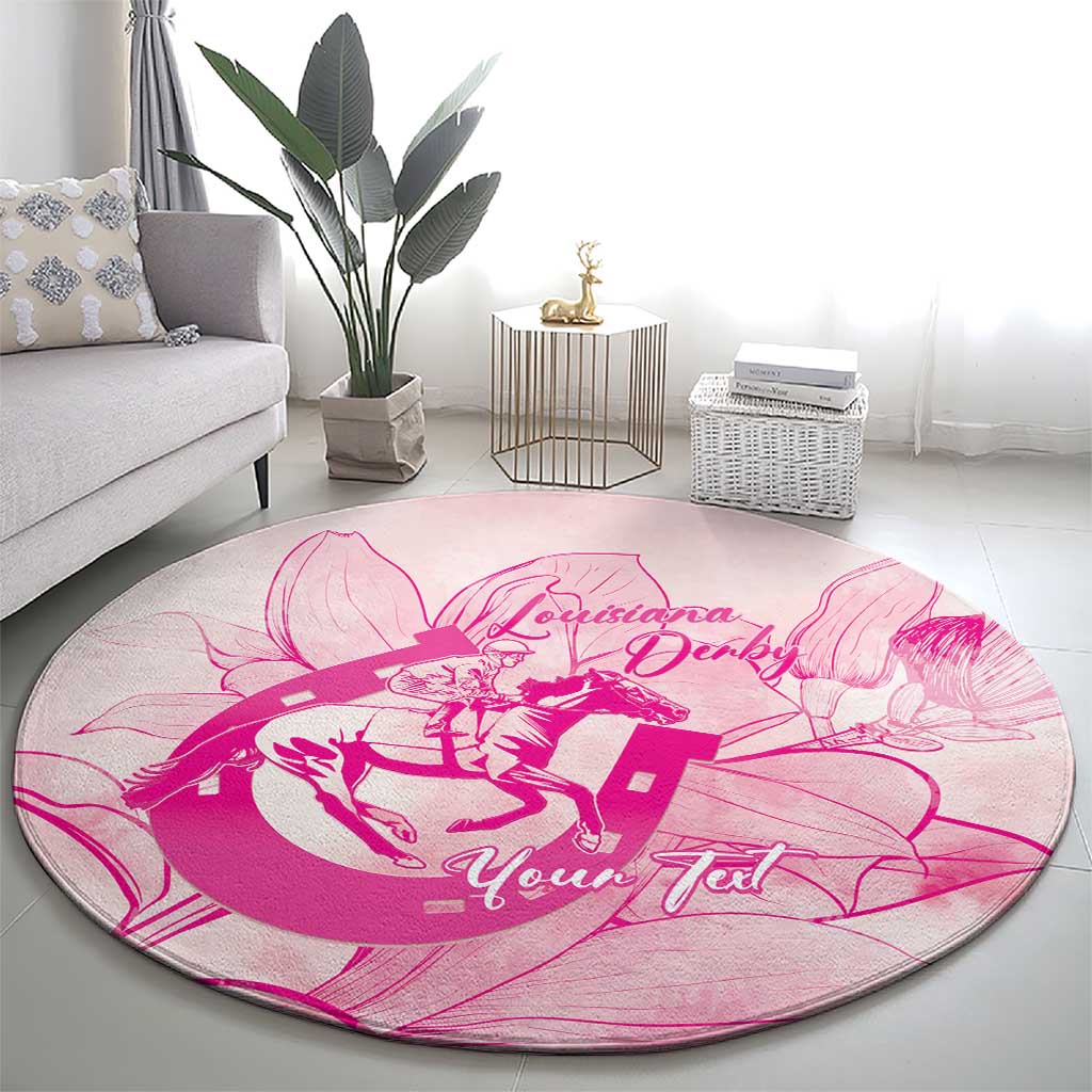 Personalized Louisiana Horse Racing Derby Round Carpet Magnolia Blossom Horseshoe Pastel Pink