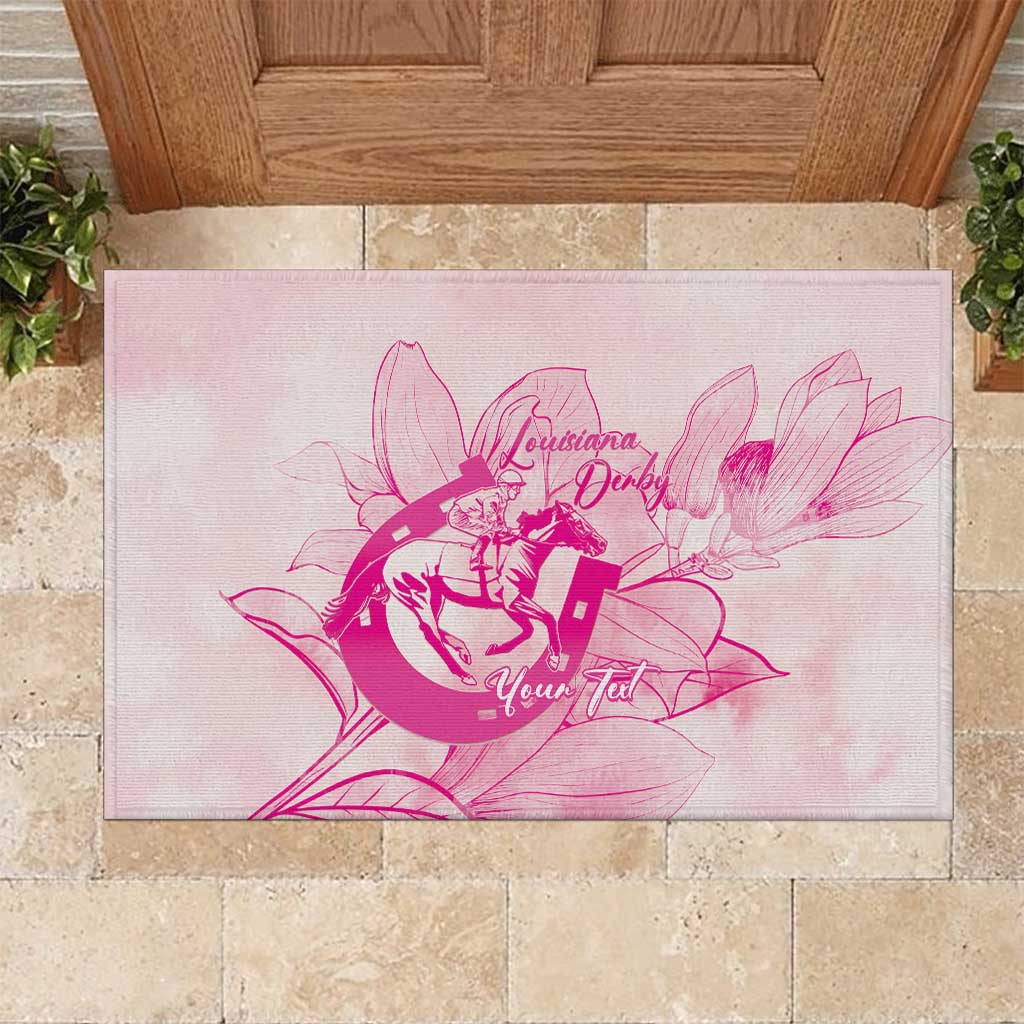Personalized Louisiana Horse Racing Derby Rubber Doormat Magnolia Blossom Horseshoe Pastel Pink