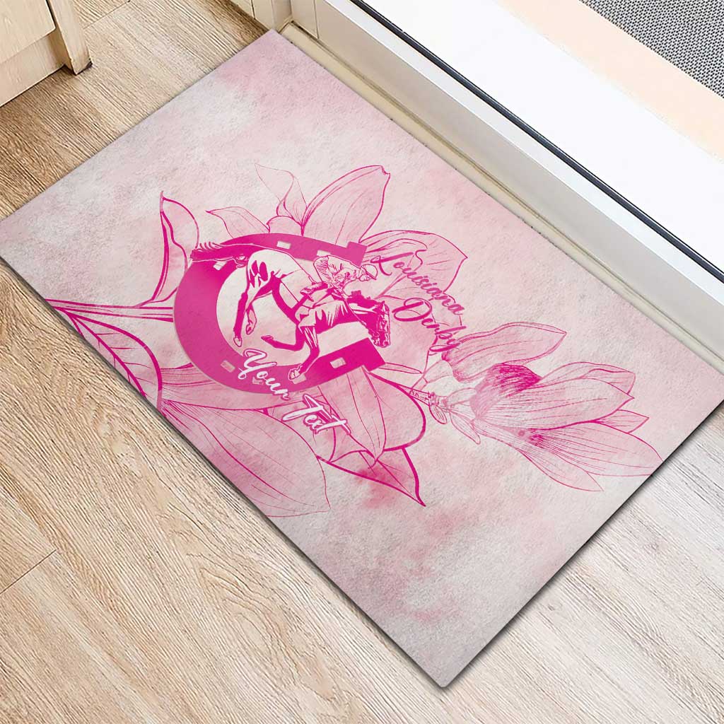 Personalized Louisiana Horse Racing Derby Rubber Doormat Magnolia Blossom Horseshoe Pastel Pink