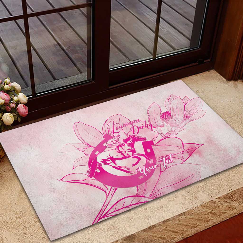 Personalized Louisiana Horse Racing Derby Rubber Doormat Magnolia Blossom Horseshoe Pastel Pink