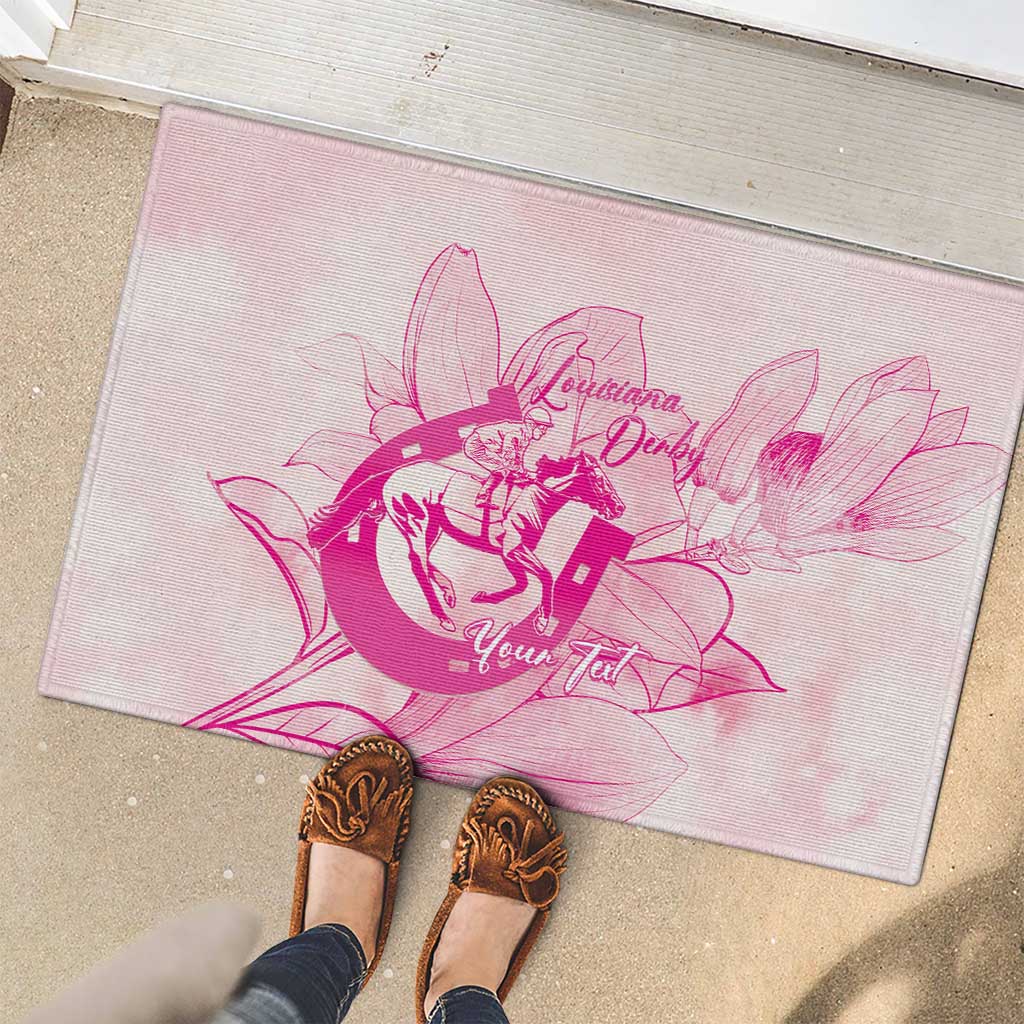 Personalized Louisiana Horse Racing Derby Rubber Doormat Magnolia Blossom Horseshoe Pastel Pink