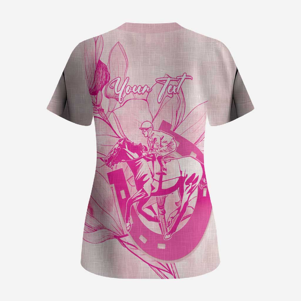Personalized Louisiana Horse Racing Derby Scrub Top Magnolia Blossom Horseshoe Pastel Pink