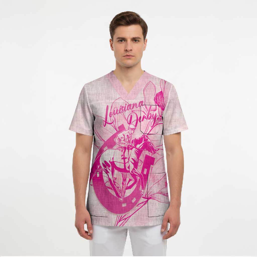 Personalized Louisiana Horse Racing Derby Scrub Top Magnolia Blossom Horseshoe Pastel Pink