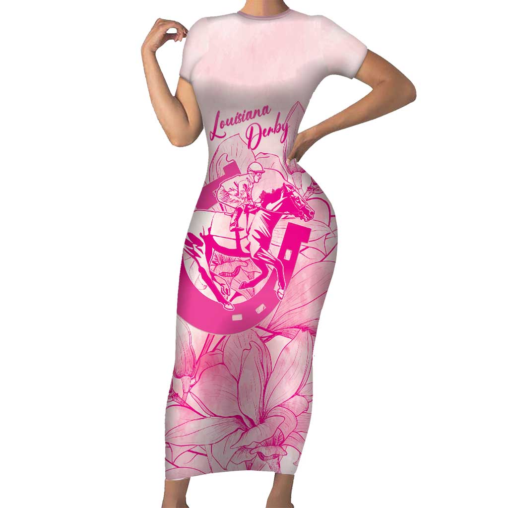 Personalized Louisiana Horse Racing Derby Short Sleeve Bodycon Dress Magnolia Blossom Horseshoe Pastel Pink