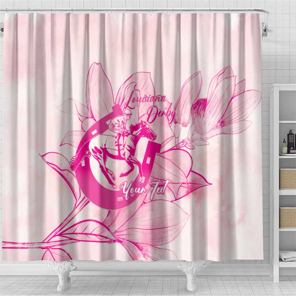 Personalized Louisiana Horse Racing Derby Shower Curtain Magnolia Blossom Horseshoe Pastel Pink