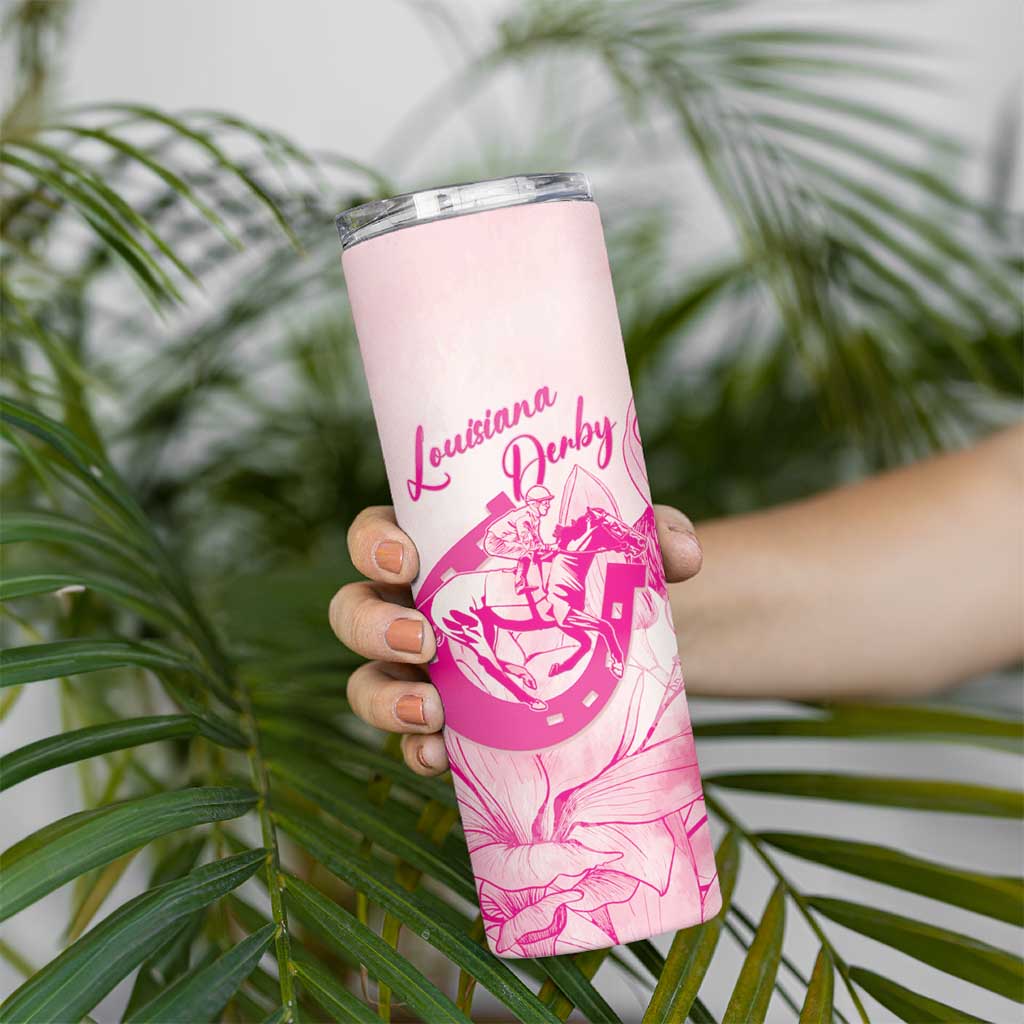 Personalized Louisiana Horse Racing Derby Skinny Tumbler Magnolia Blossom Horseshoe Pastel Pink