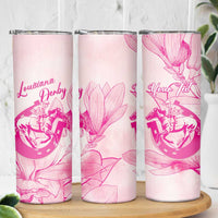 Personalized Louisiana Horse Racing Derby Skinny Tumbler Magnolia Blossom Horseshoe Pastel Pink