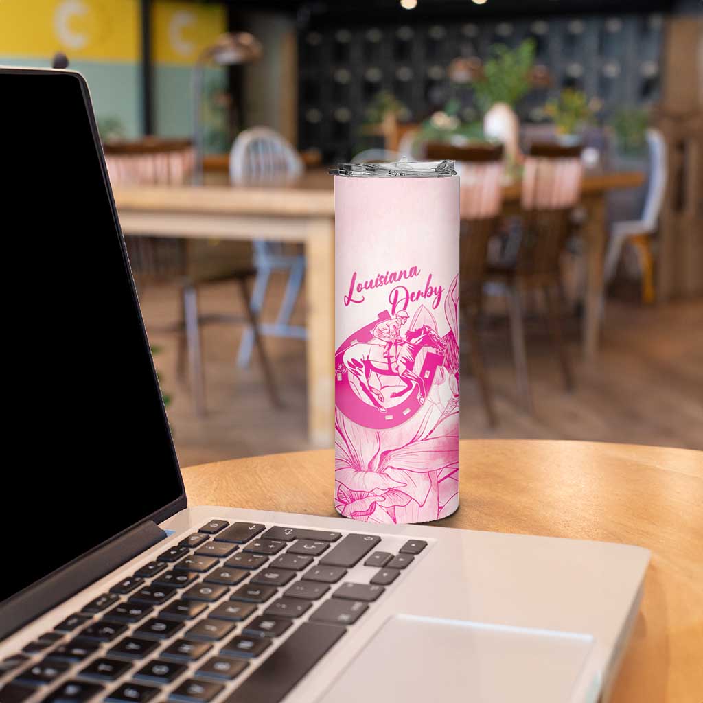 Personalized Louisiana Horse Racing Derby Skinny Tumbler Magnolia Blossom Horseshoe Pastel Pink
