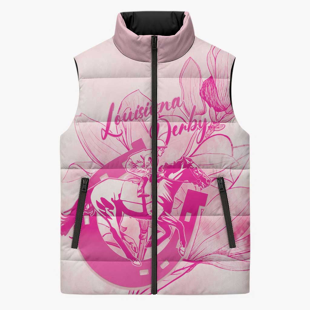 Personalized Louisiana Horse Racing Derby Sleeveless Puffer Jacket Magnolia Blossom Horseshoe Pastel Pink