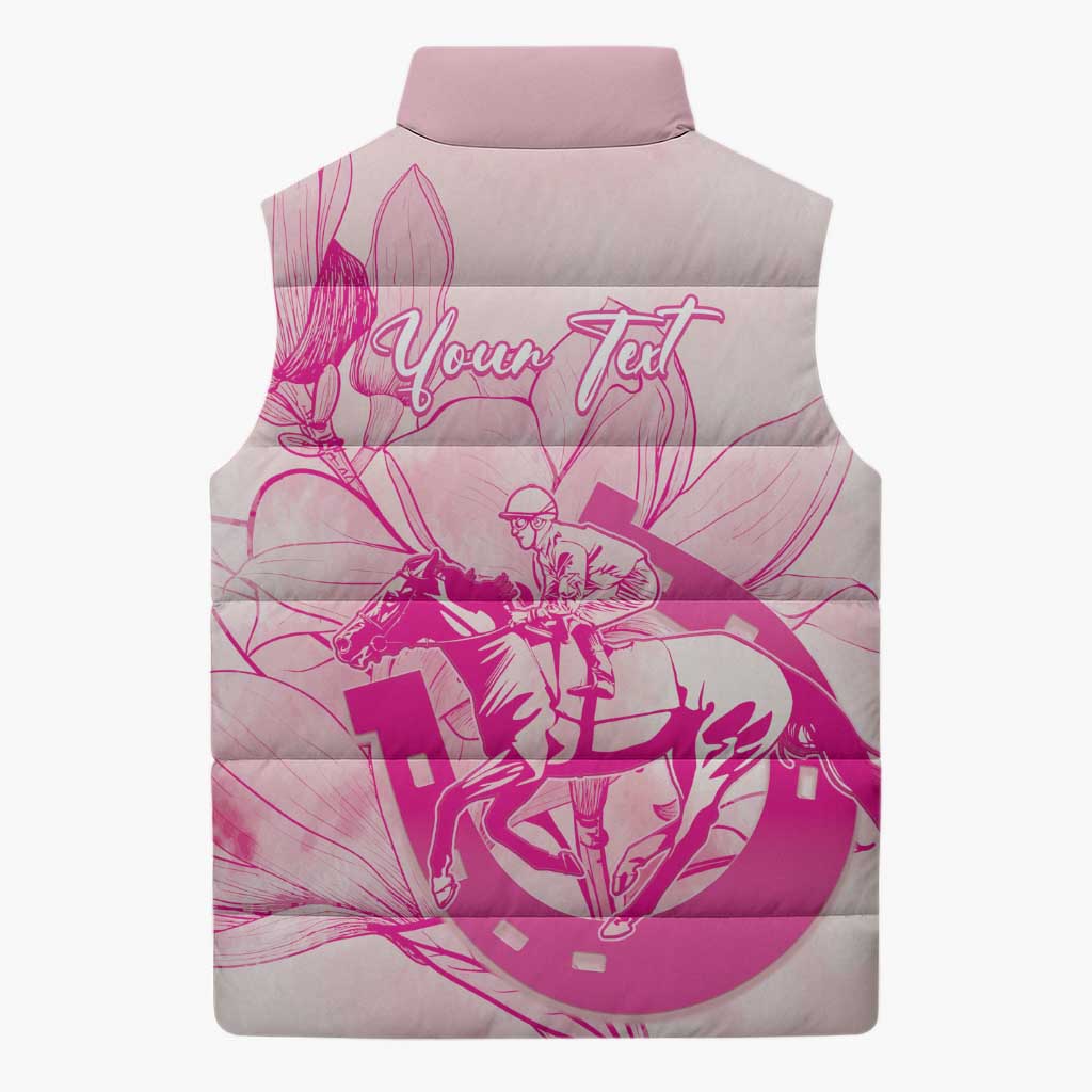 Personalized Louisiana Horse Racing Derby Sleeveless Puffer Jacket Magnolia Blossom Horseshoe Pastel Pink