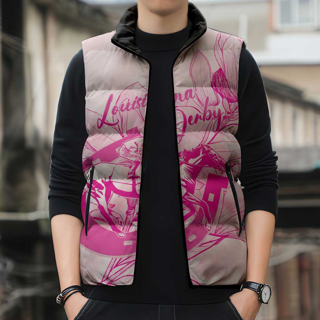 Personalized Louisiana Horse Racing Derby Sleeveless Puffer Jacket Magnolia Blossom Horseshoe Pastel Pink