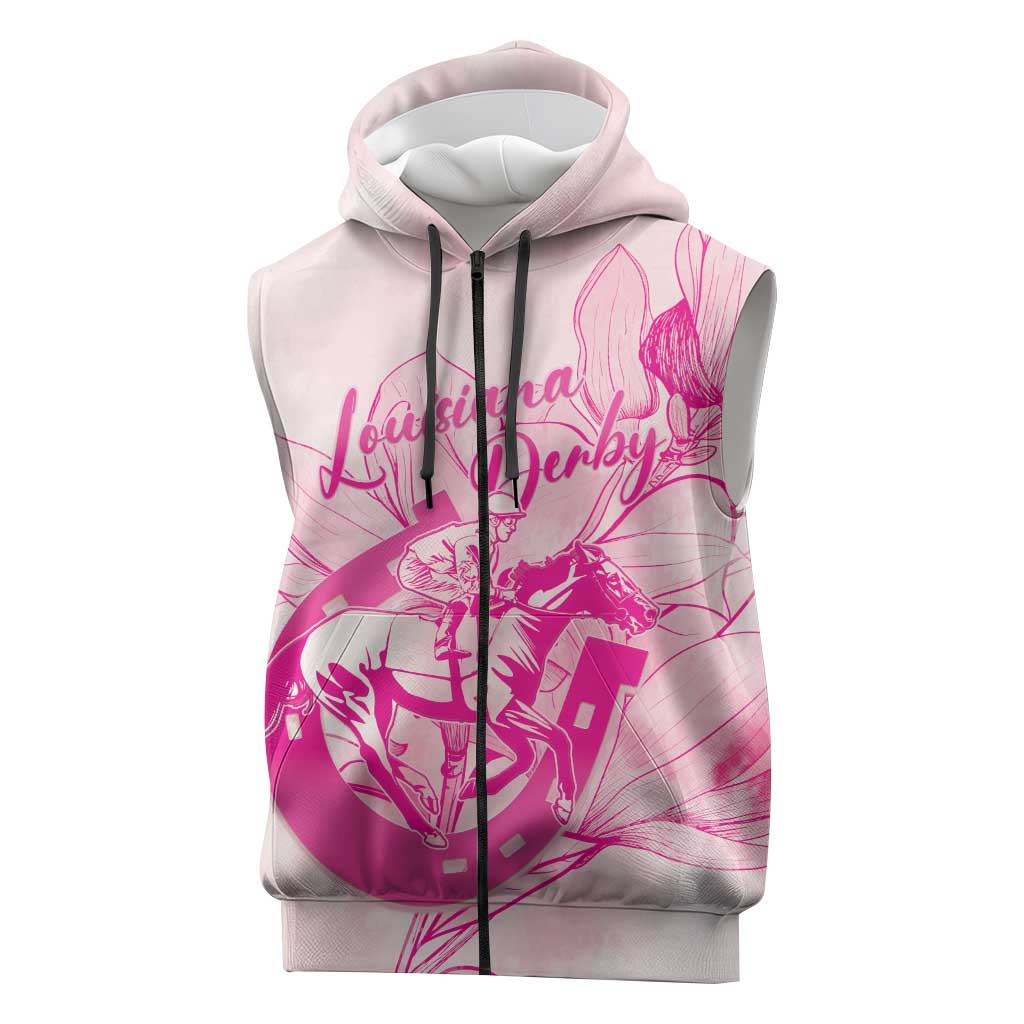 Personalized Louisiana Horse Racing Derby Sleeveless Zip Hoodie Magnolia Blossom Horseshoe Pastel Pink