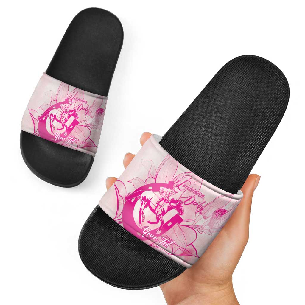 Personalized Louisiana Horse Racing Derby Slide Sandals Magnolia Blossom Horseshoe Pastel Pink