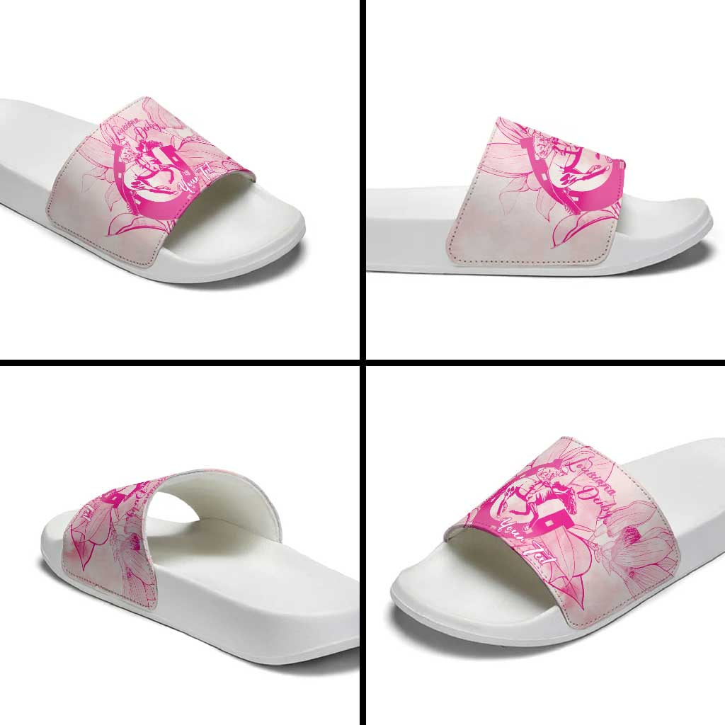 Personalized Louisiana Horse Racing Derby Slide Sandals Magnolia Blossom Horseshoe Pastel Pink