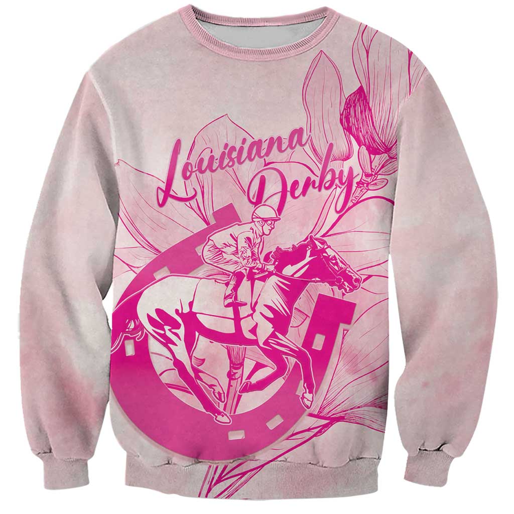 Personalized Louisiana Horse Racing Derby Sweatshirt Magnolia Blossom Horseshoe Pastel Pink
