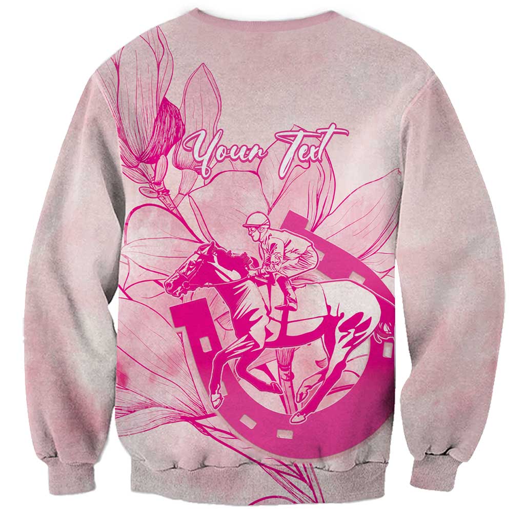 Personalized Louisiana Horse Racing Derby Sweatshirt Magnolia Blossom Horseshoe Pastel Pink