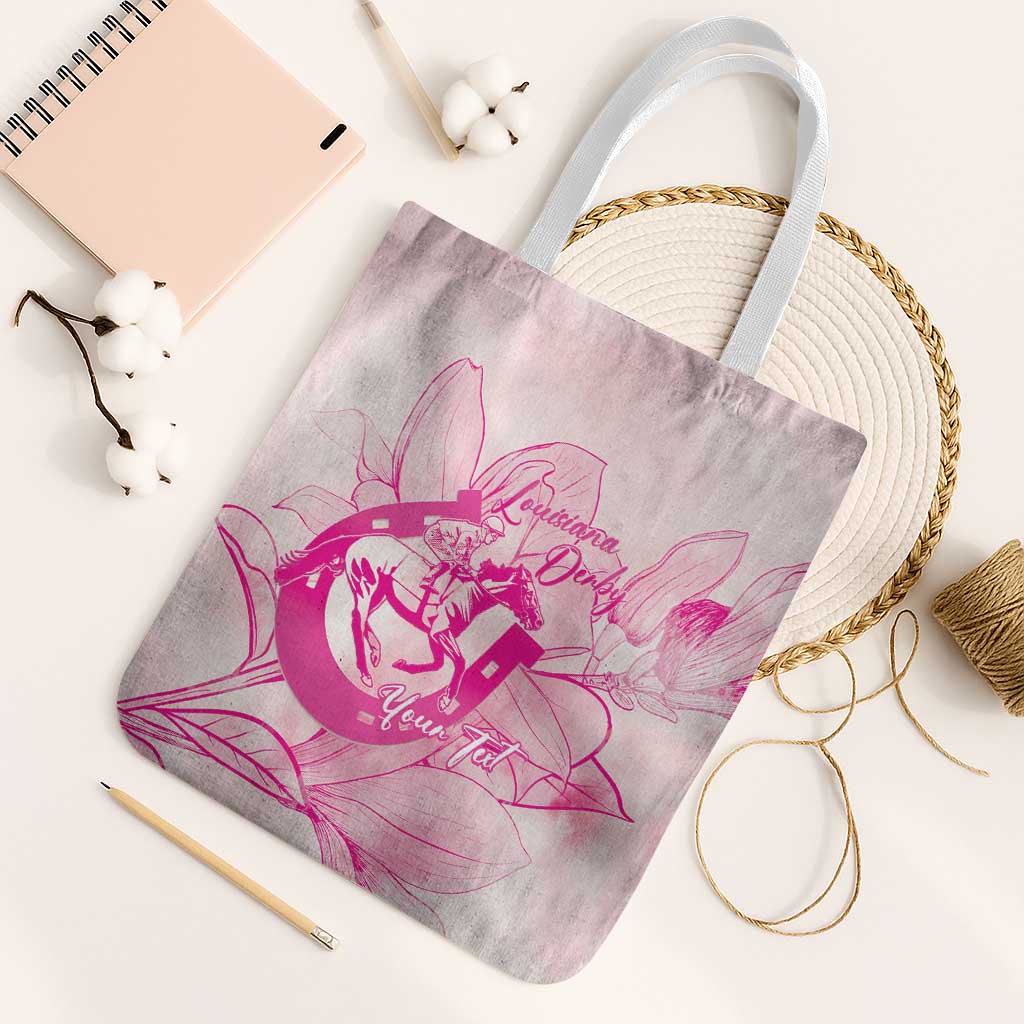 Personalized Louisiana Horse Racing Derby Tote Bag Magnolia Blossom Horseshoe Pastel Pink