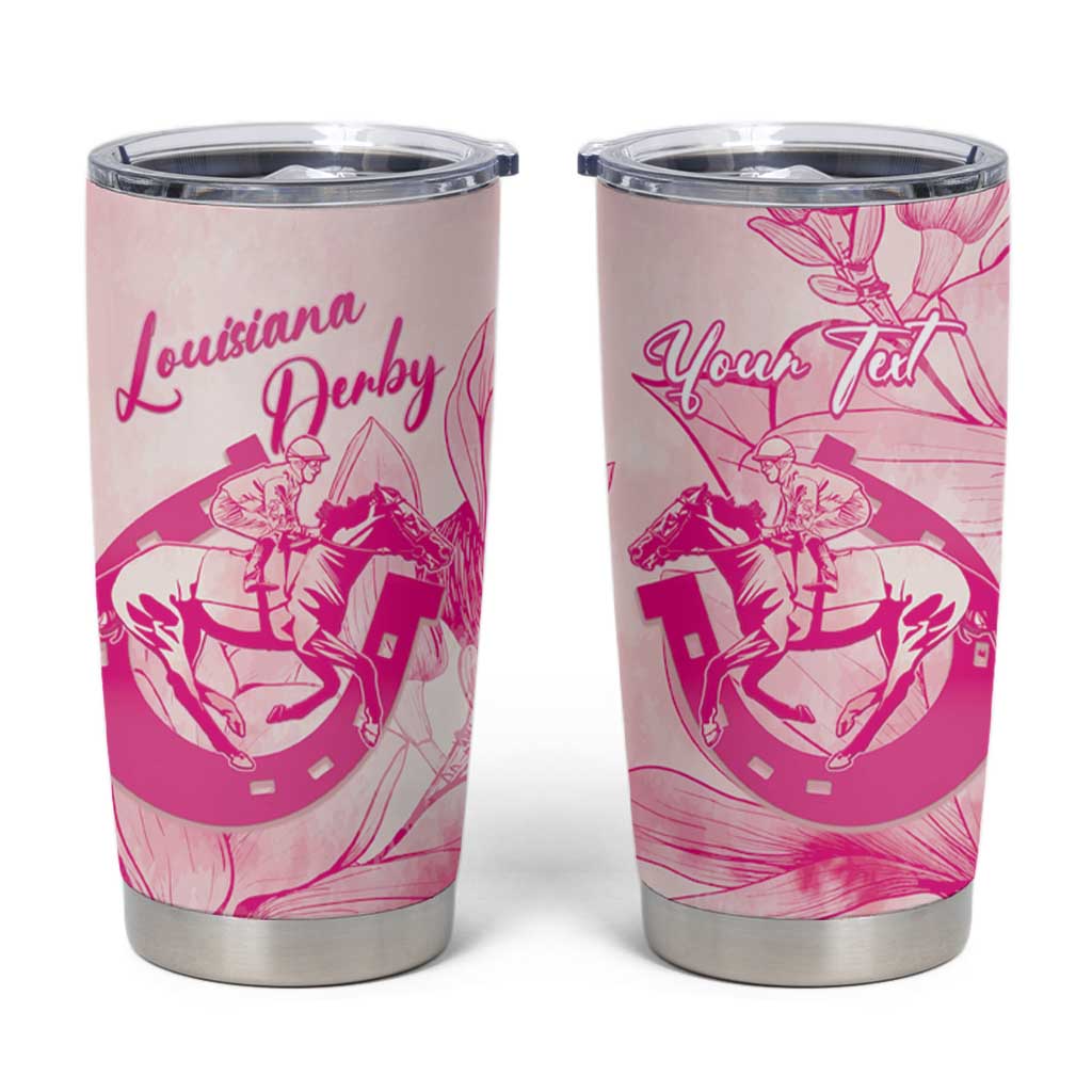 Personalized Louisiana Horse Racing Derby Tumbler Cup Magnolia Blossom Horseshoe Pastel Pink