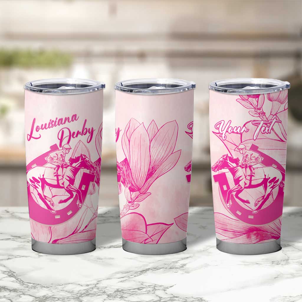 Personalized Louisiana Horse Racing Derby Tumbler Cup Magnolia Blossom Horseshoe Pastel Pink