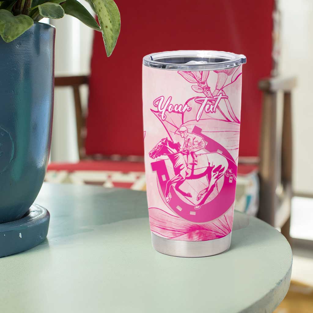 Personalized Louisiana Horse Racing Derby Tumbler Cup Magnolia Blossom Horseshoe Pastel Pink