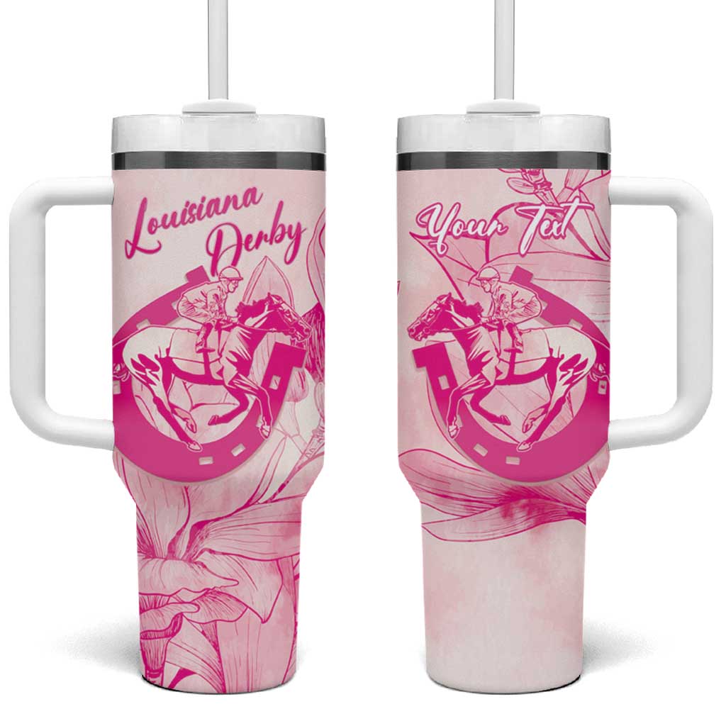 Personalized Louisiana Horse Racing Derby Tumbler With Handle Magnolia Blossom Horseshoe Pastel Pink