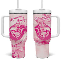 Personalized Louisiana Horse Racing Derby Tumbler With Handle Magnolia Blossom Horseshoe Pastel Pink