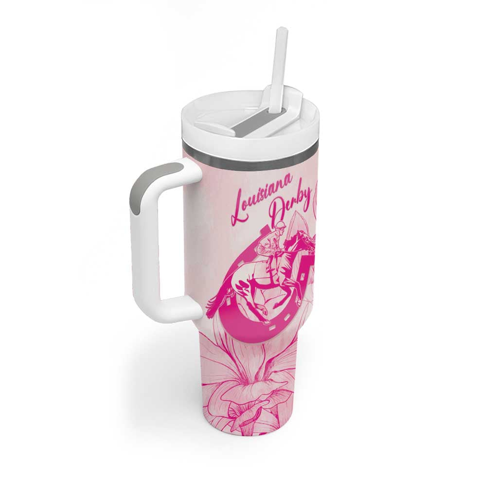 Personalized Louisiana Horse Racing Derby Tumbler With Handle Magnolia Blossom Horseshoe Pastel Pink