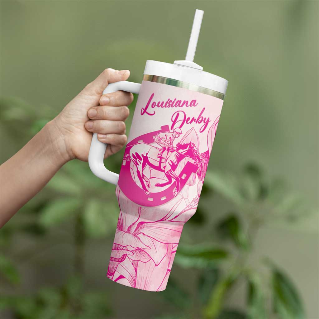 Personalized Louisiana Horse Racing Derby Tumbler With Handle Magnolia Blossom Horseshoe Pastel Pink