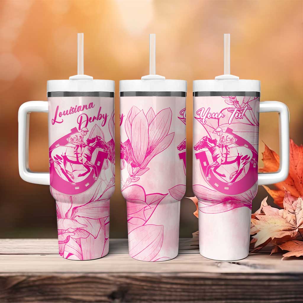 Personalized Louisiana Horse Racing Derby Tumbler With Handle Magnolia Blossom Horseshoe Pastel Pink
