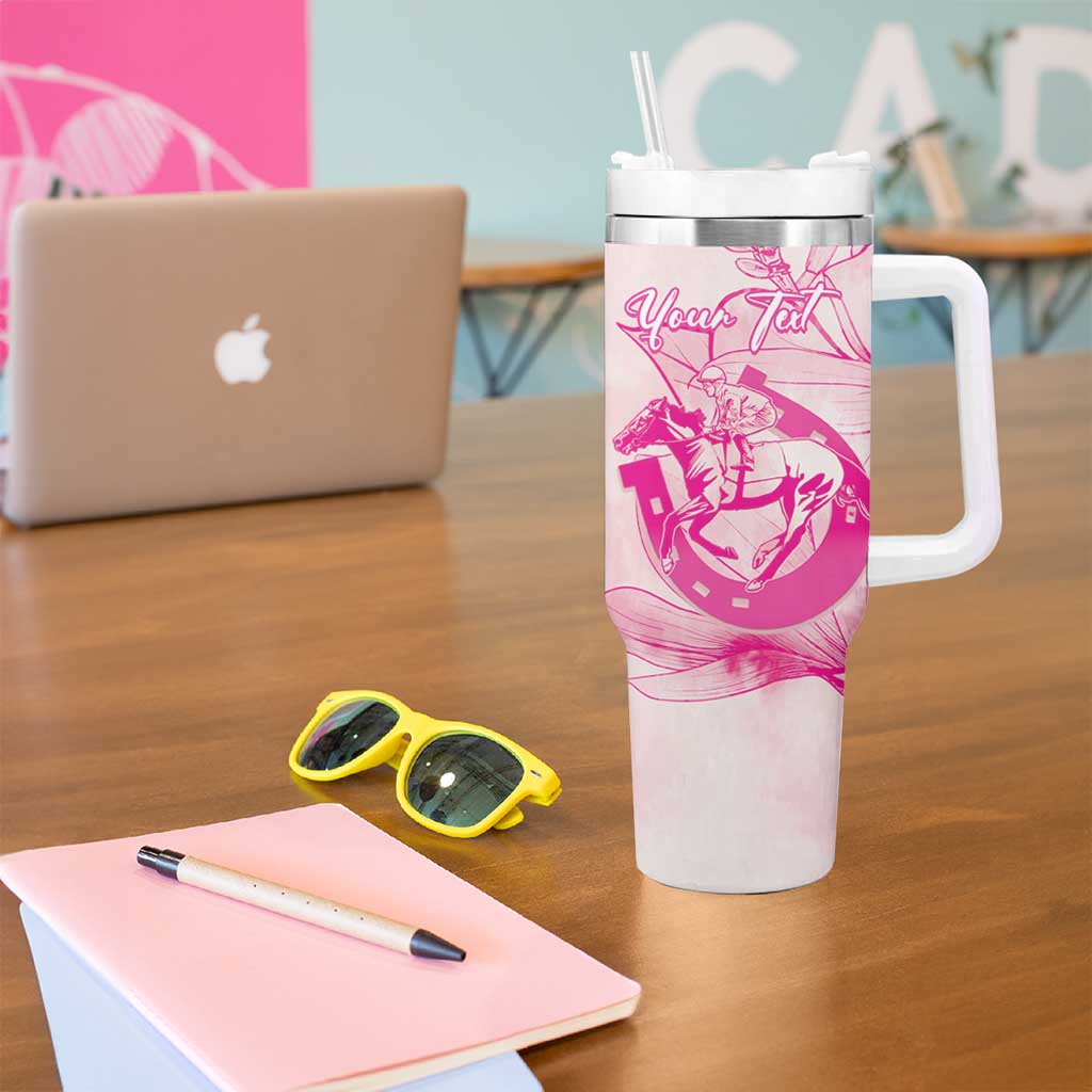 Personalized Louisiana Horse Racing Derby Tumbler With Handle Magnolia Blossom Horseshoe Pastel Pink