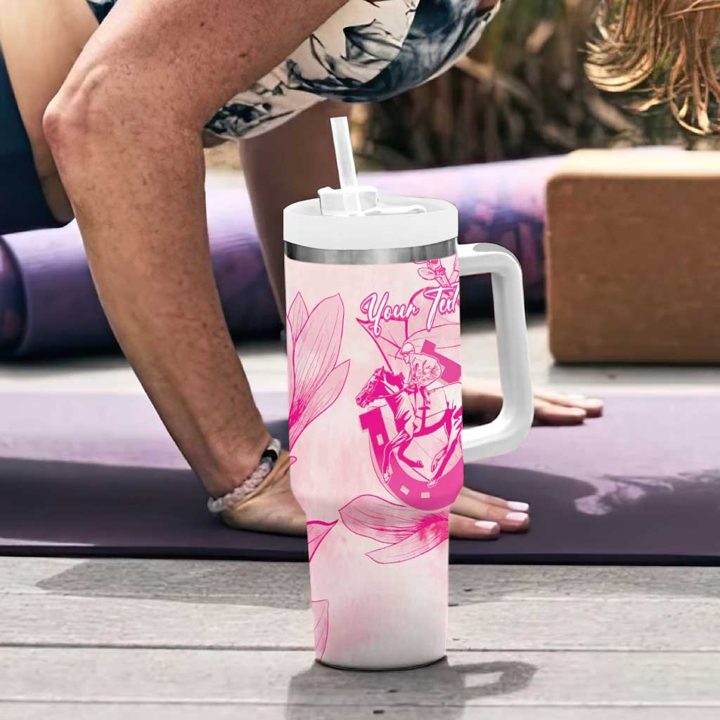 Personalized Louisiana Horse Racing Derby Tumbler With Handle Magnolia Blossom Horseshoe Pastel Pink