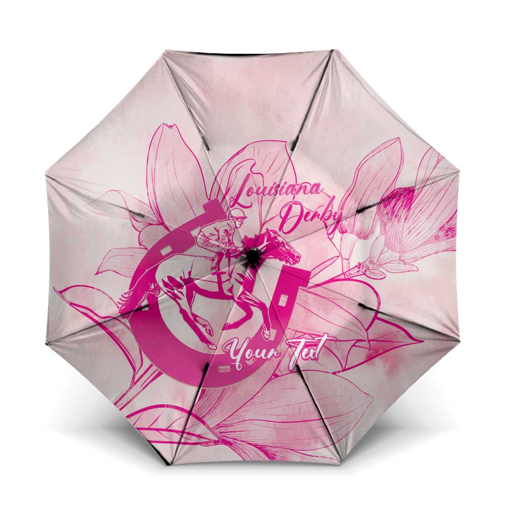Personalized Louisiana Horse Racing Derby Umbrella Magnolia Blossom Horseshoe Pastel Pink
