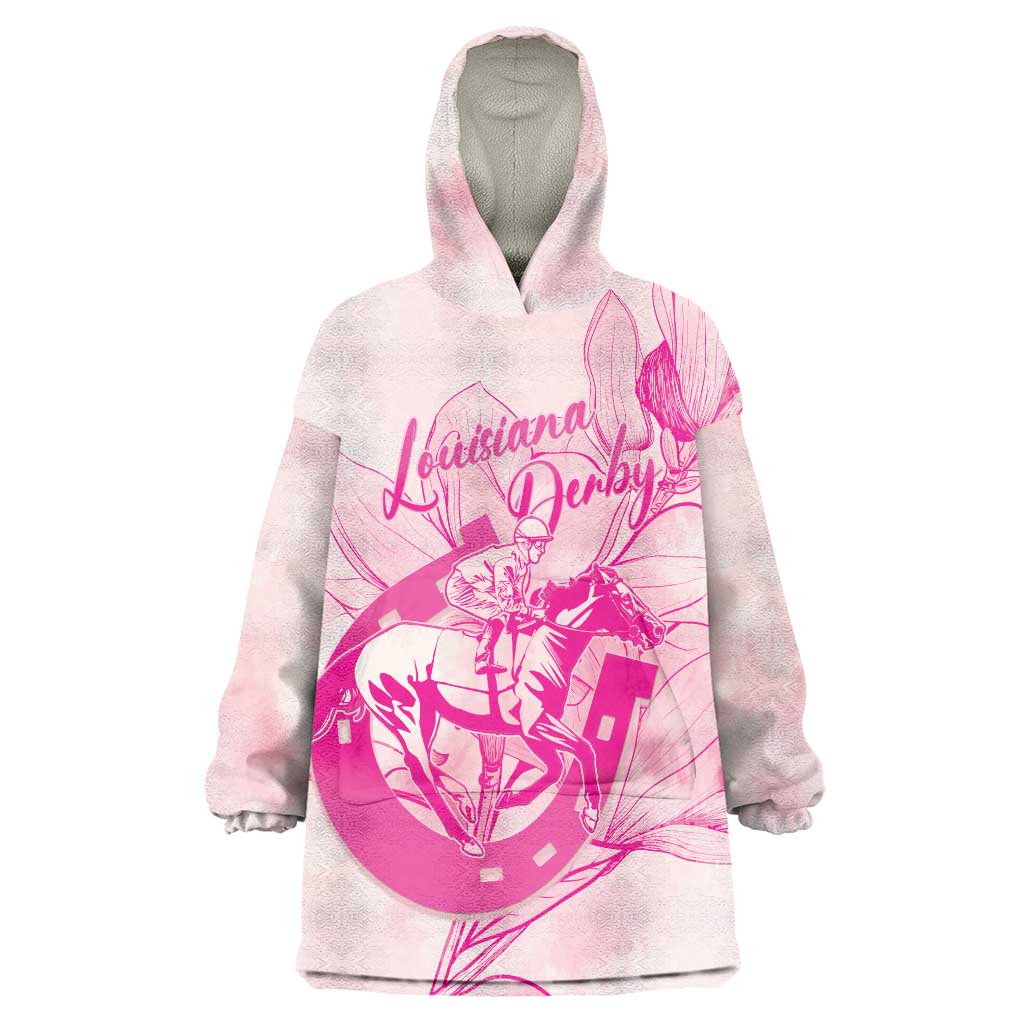 Personalized Louisiana Horse Racing Derby Wearable Blanket Hoodie Magnolia Blossom Horseshoe Pastel Pink