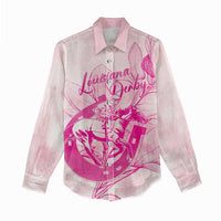 Personalized Louisiana Horse Racing Derby Women Casual Shirt Magnolia Blossom Horseshoe Pastel Pink
