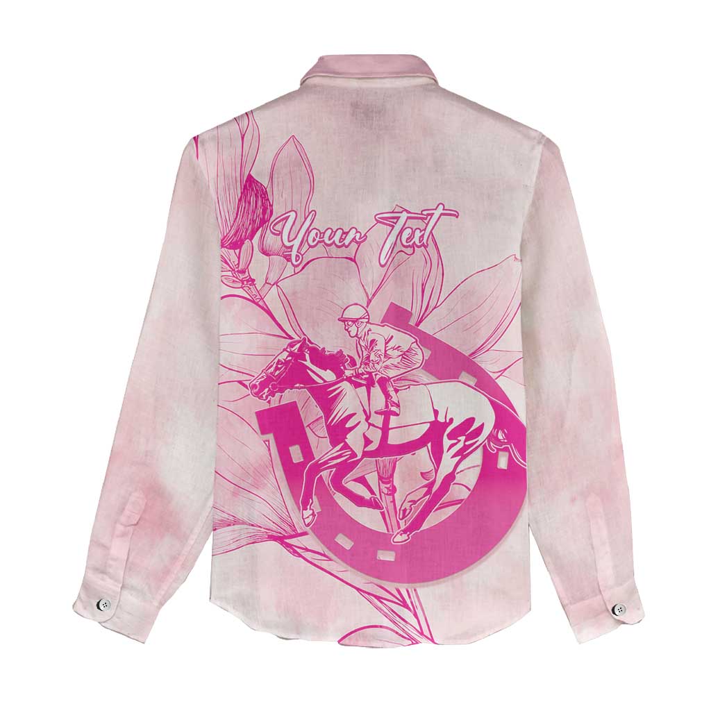 Personalized Louisiana Horse Racing Derby Women Casual Shirt Magnolia Blossom Horseshoe Pastel Pink