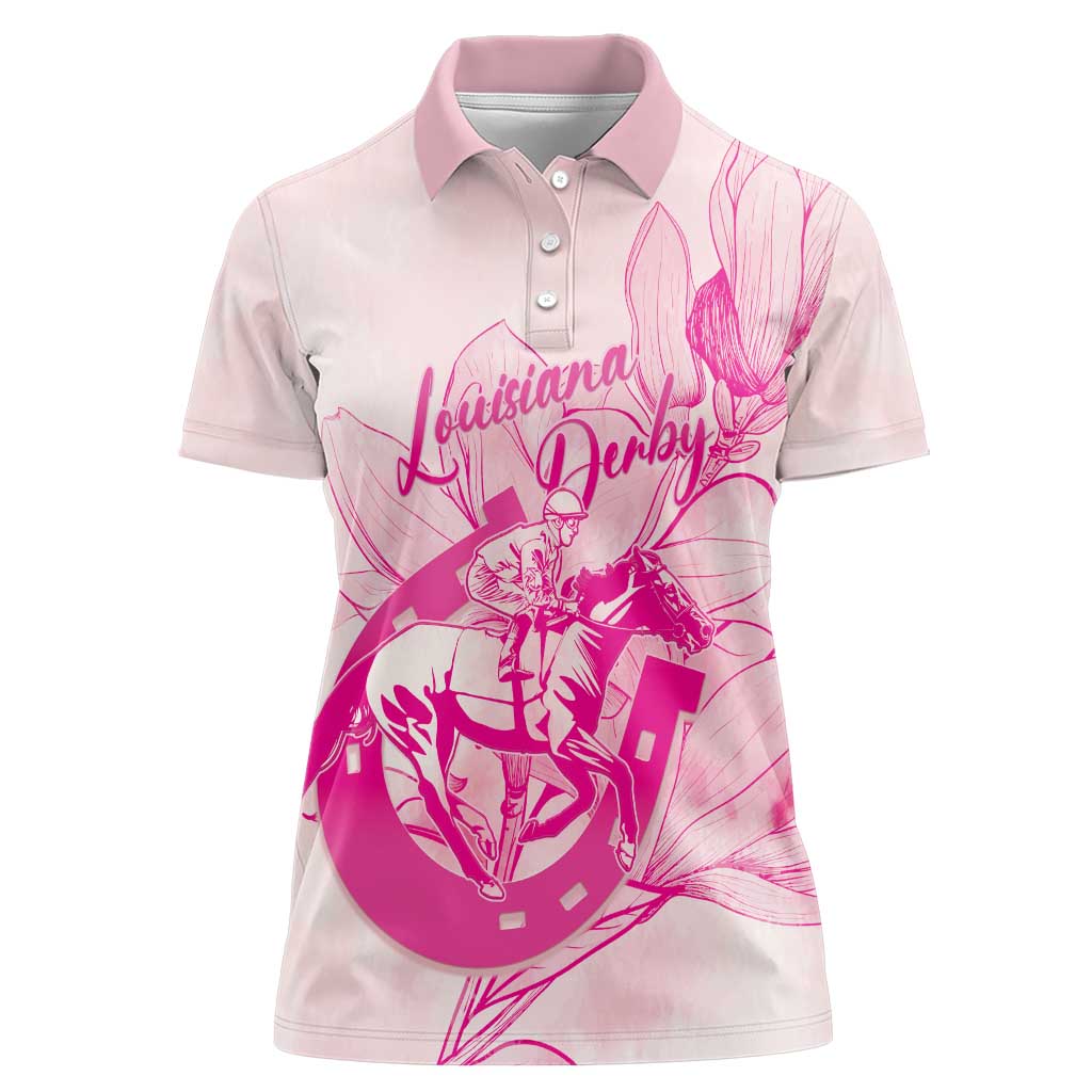 Personalized Louisiana Horse Racing Derby Women Polo Shirt Magnolia Blossom Horseshoe Pastel Pink